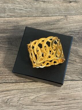 Chanel Gold Openwork "CHANEL" Chain Link Cuff Vintage Bracelet